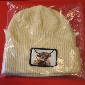 Cream Beanie with Highland Cow Patch
